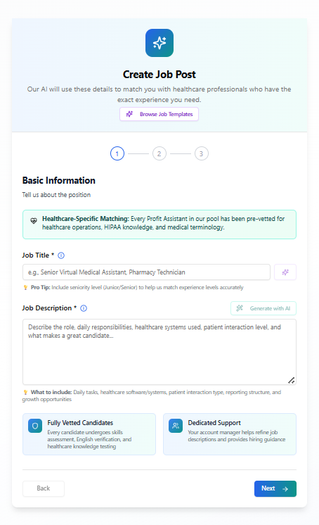 Job posting form showing basic information section with job title and description fields